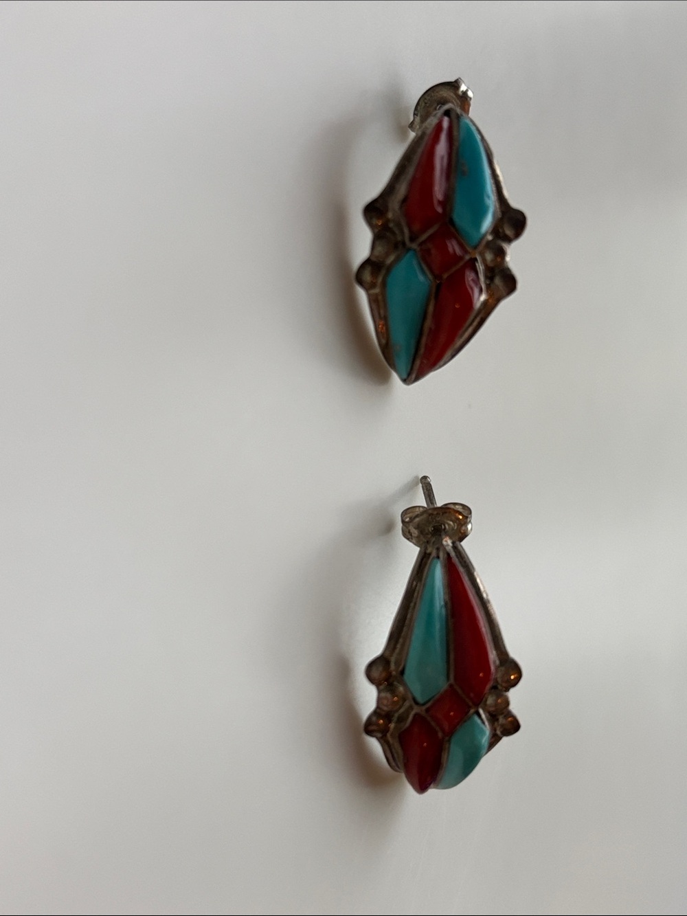 Lukila Zuni Pueblo Coral and Turquoise Teardrop Stud Earrings